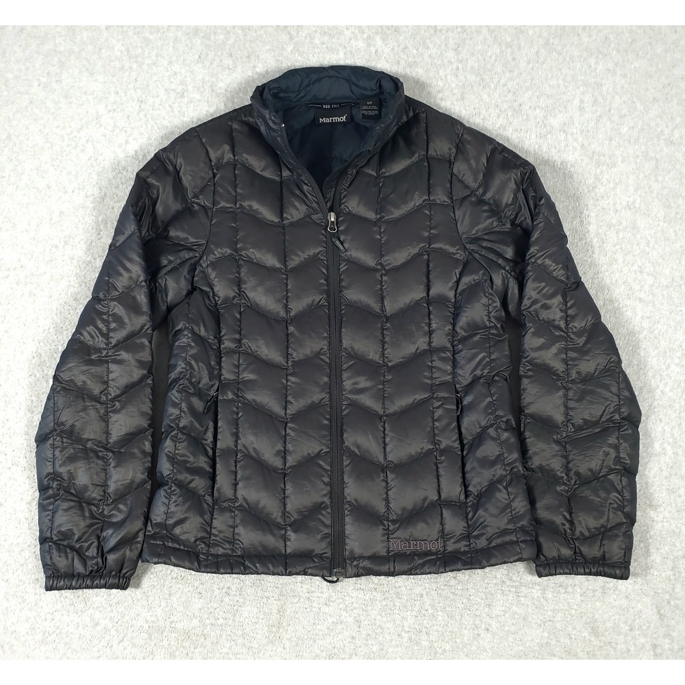 Marmot 800 Fill Down Puffer Jacket Womens Small Black Chevron Quilted Full Zip
